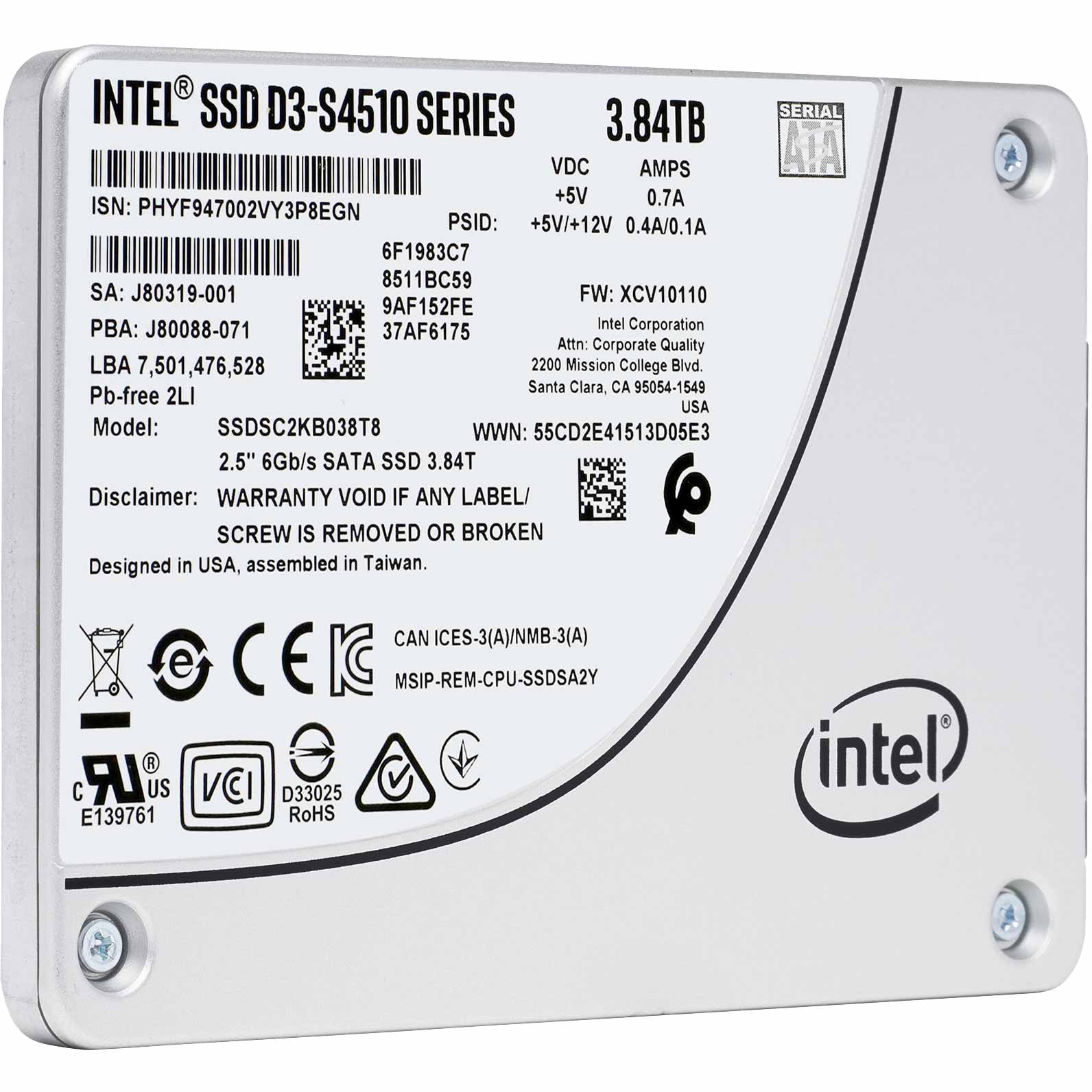 Intel D3-S4510 SSDSC2KB038T801 3.84TB SATA 6Gb/s 2.5" AES 256-bit Solid State Drive