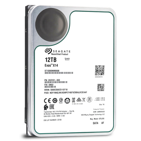 Seagate Exos X14 ST12000NM0008 12TB 7.2K RPM SATA 6Gb/s 512e/4Kn 256MB 3.5" FastFormat Manufacturer Recertified HDD - Front View
