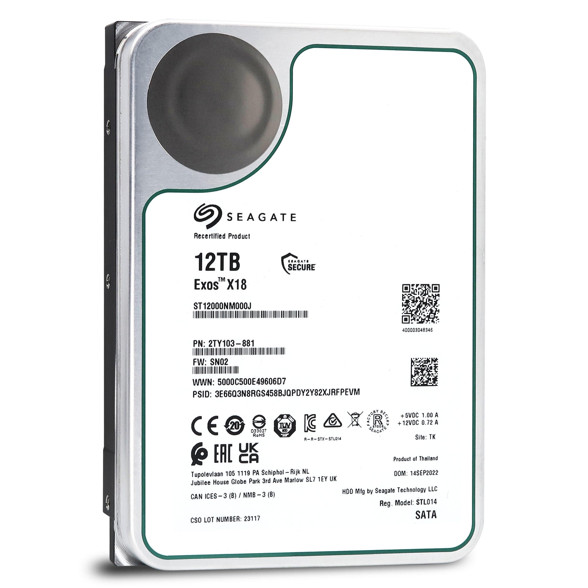 Seagate Exos X18 ST12000NM000J 12TB 7.2K RPM SATA 6Gb/s 3.5in Recertified Hard Drive - Front View