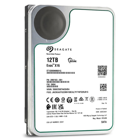 Seagate Exos X16 ST12000NM001G 12TB 7.2K RPM SATA 6Gb/s 512e/4Kn 256MB 3.5" FastFormat Manufacturer Recertified HDD - Front View