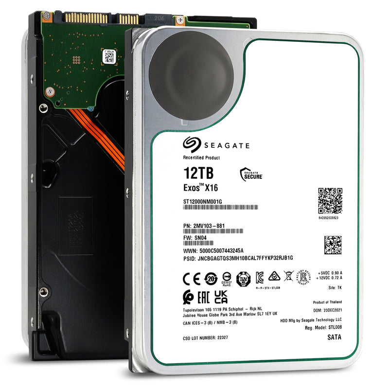 Seagate Exos X16 ST12000NM001G 12TB 7.2K RPM SATA 6Gb/s 512e/4Kn 256MB 3.5" FastFormat Manufacturer Recertified HDD