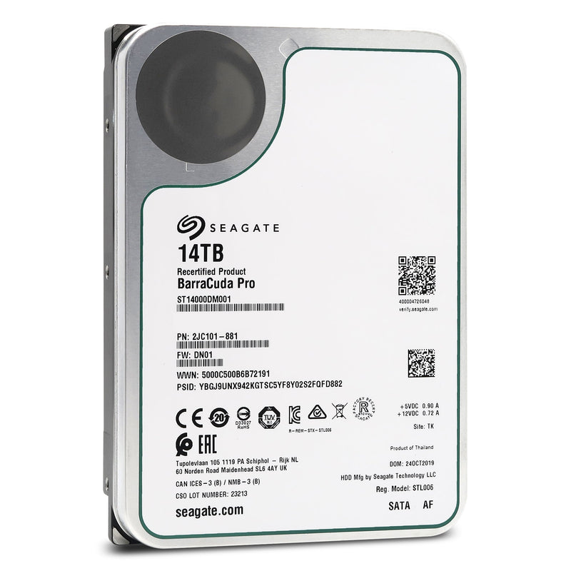 Seagate BarraCuda Pro ST14000DM001 14TB 7.2K RPM SATA 6Gb/s 512e 3.5in Recertified Hard Drive - Front View