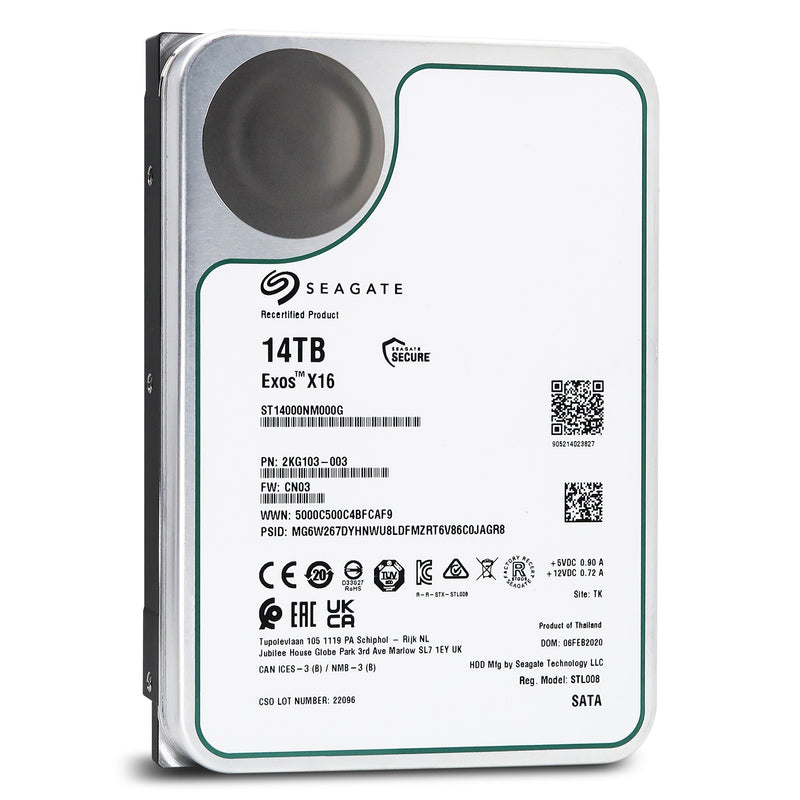 Seagate Exos X16 ST14000NM000G 14TB 7.2K RPM SATA 6Gb/s 512e 3.5in Recertified Hard Drive - Front View