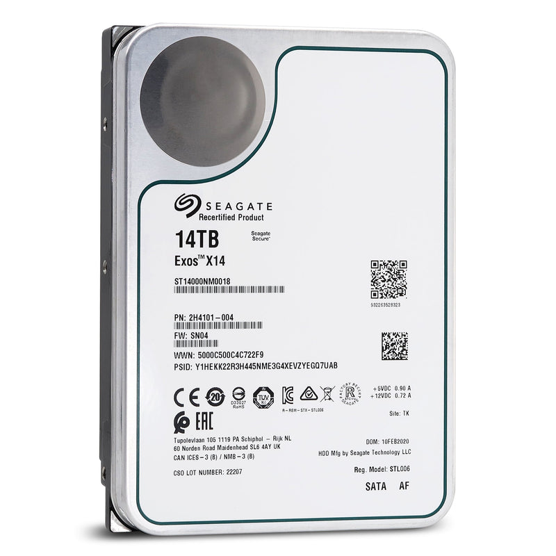 Seagate 14TB Hard Drive Exos X14 SATA 6Gb/s 512e 7200RPM 3.5" Manufacturer Recertified Enterprise HDD ST14000NM0018 - Front View