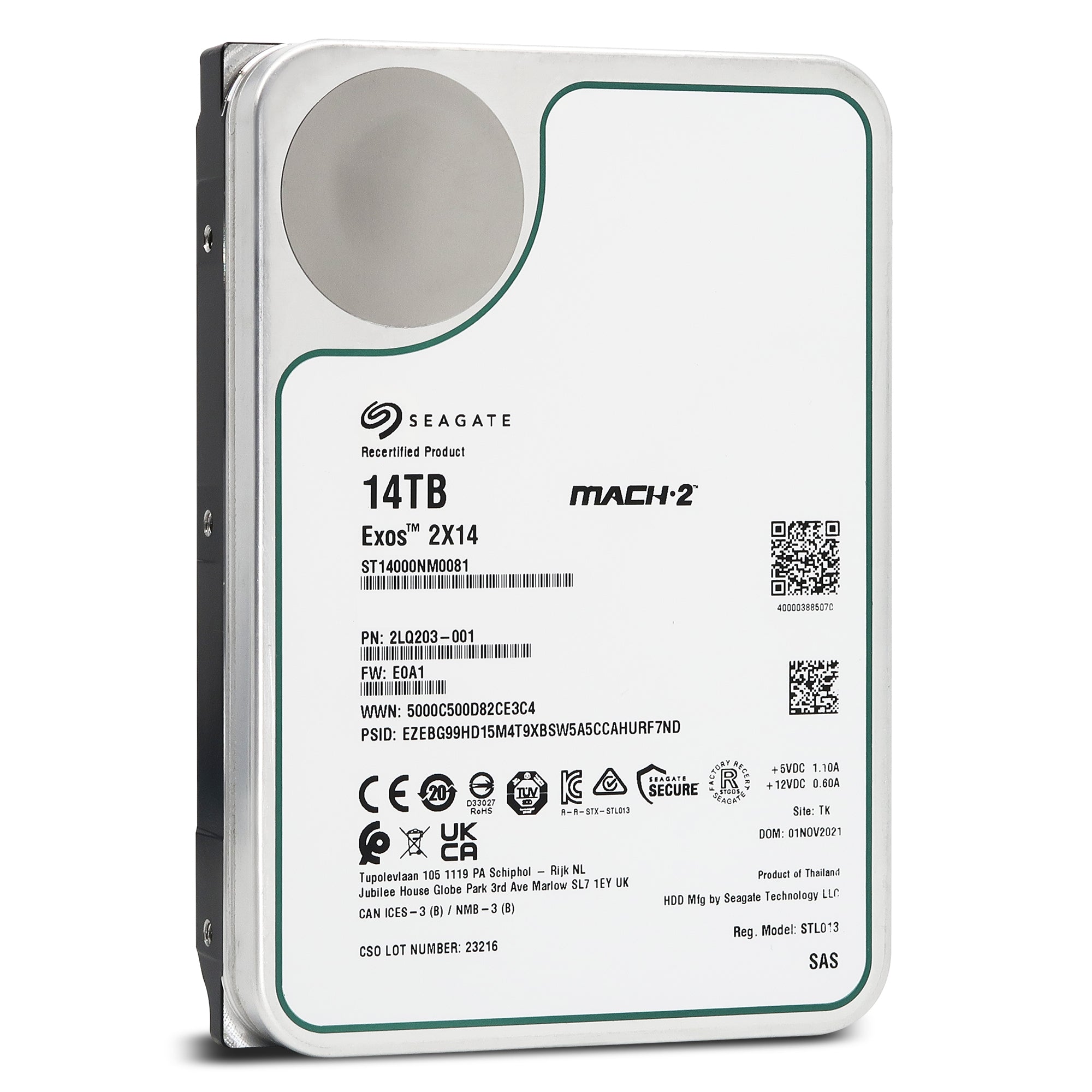 Seagate Exos 2X14 ST14000NM0081 2LQ203-001 14TB (2x 7TB) 7.2K RPM SAS 12Gb/s 512e MACH.2 3.5in Recertified Hard Drive - Front View
