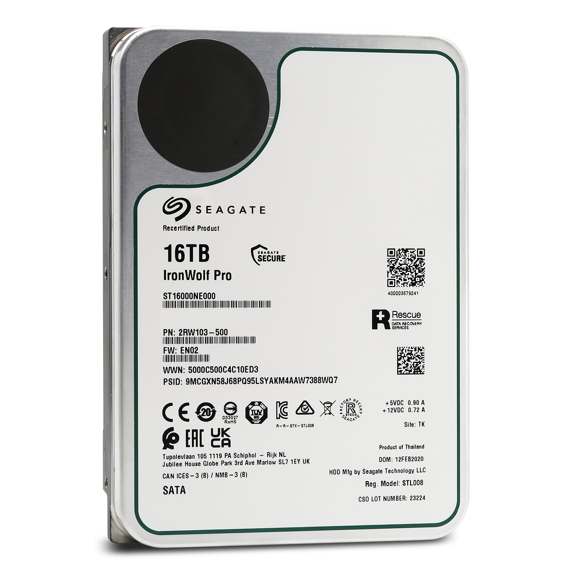 Seagate IronWolf Pro ST16000NE000 16TB 7.2K RPM SATA 6Gb/s 512e 3.5in Recertified Hard Drive Front View