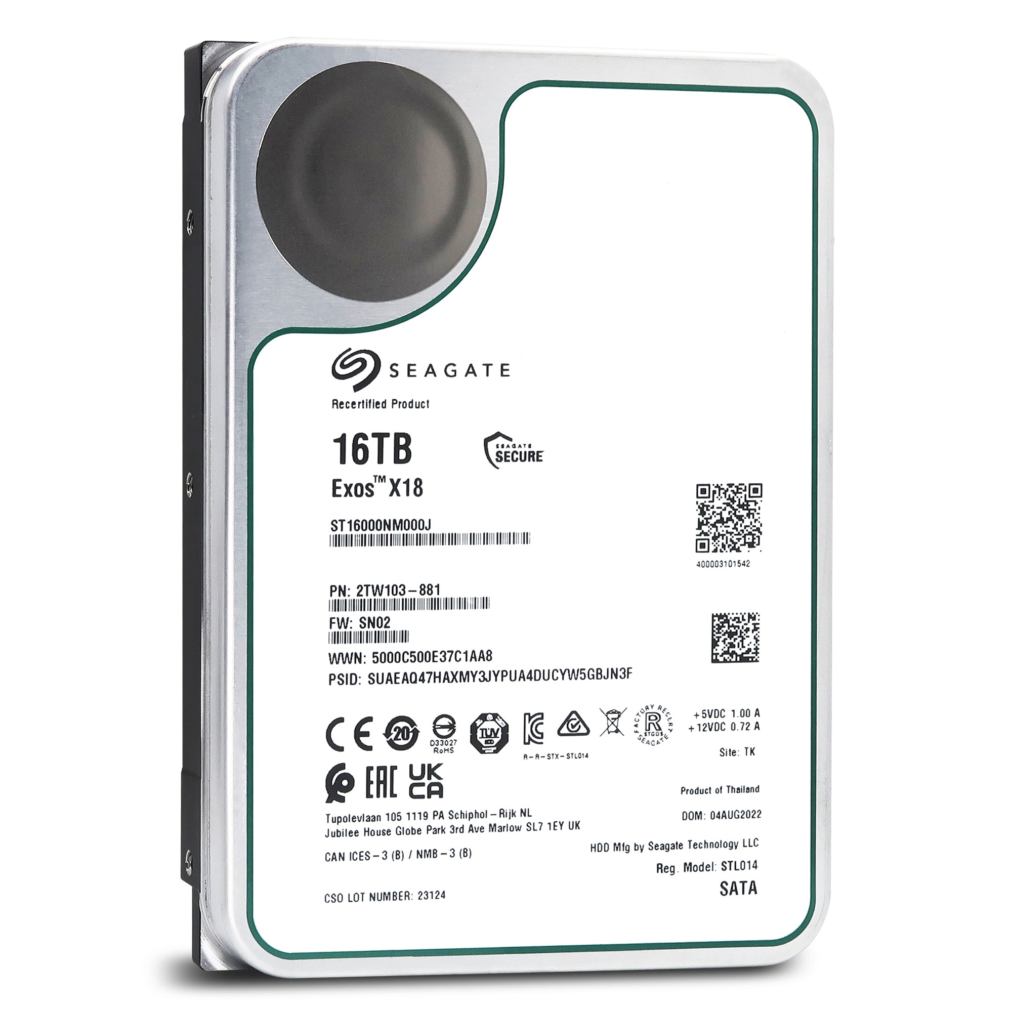 Seagate Exos X18 ST16000NM000J 16TB 7.2K RPM SATA 6Gb/s 3.5in Recertified Hard Drive - Front View