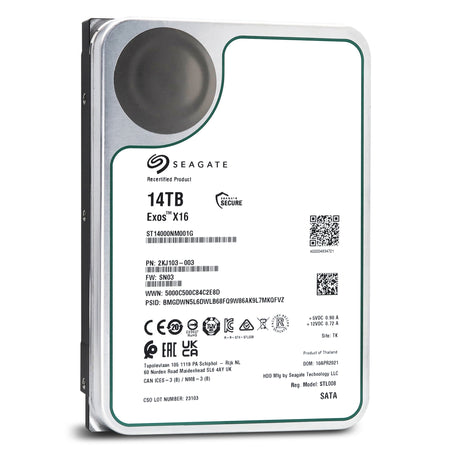 Seagate Exos X16 ST14000NM001G 14TB 7.2K RPM SATA 6Gb/s 512e/4Kn 256MB 3.5" FastFormat Manufacturer Recertified HDD - Front View