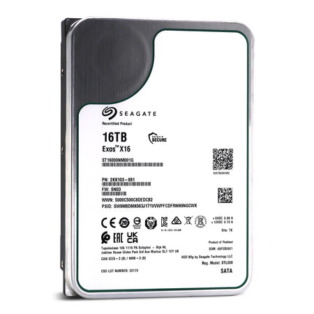 Seagate 16TB Exos X16 ST16000NM001G 7200 RPM SATA 6Gb/s 512e/4Kn 256MB 3.5" Manufacturer Recertified Enterprise HDD - Front View