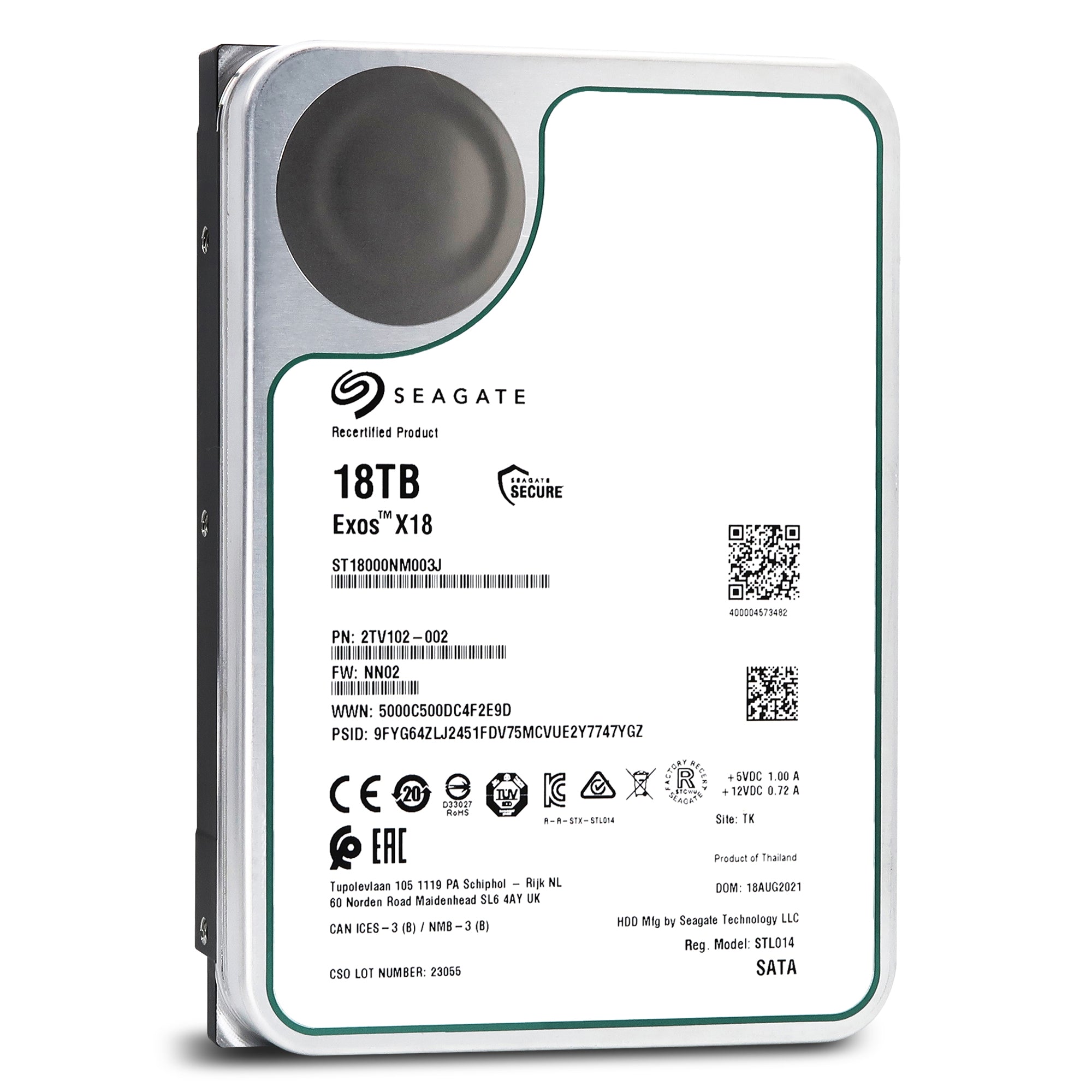 Seagate Exos X18 ST18000NM003J 2TV102-002 18TB 7.2K RPM SATA 6Gb/s 4Kn 3.5in Refurbished HDD Front View