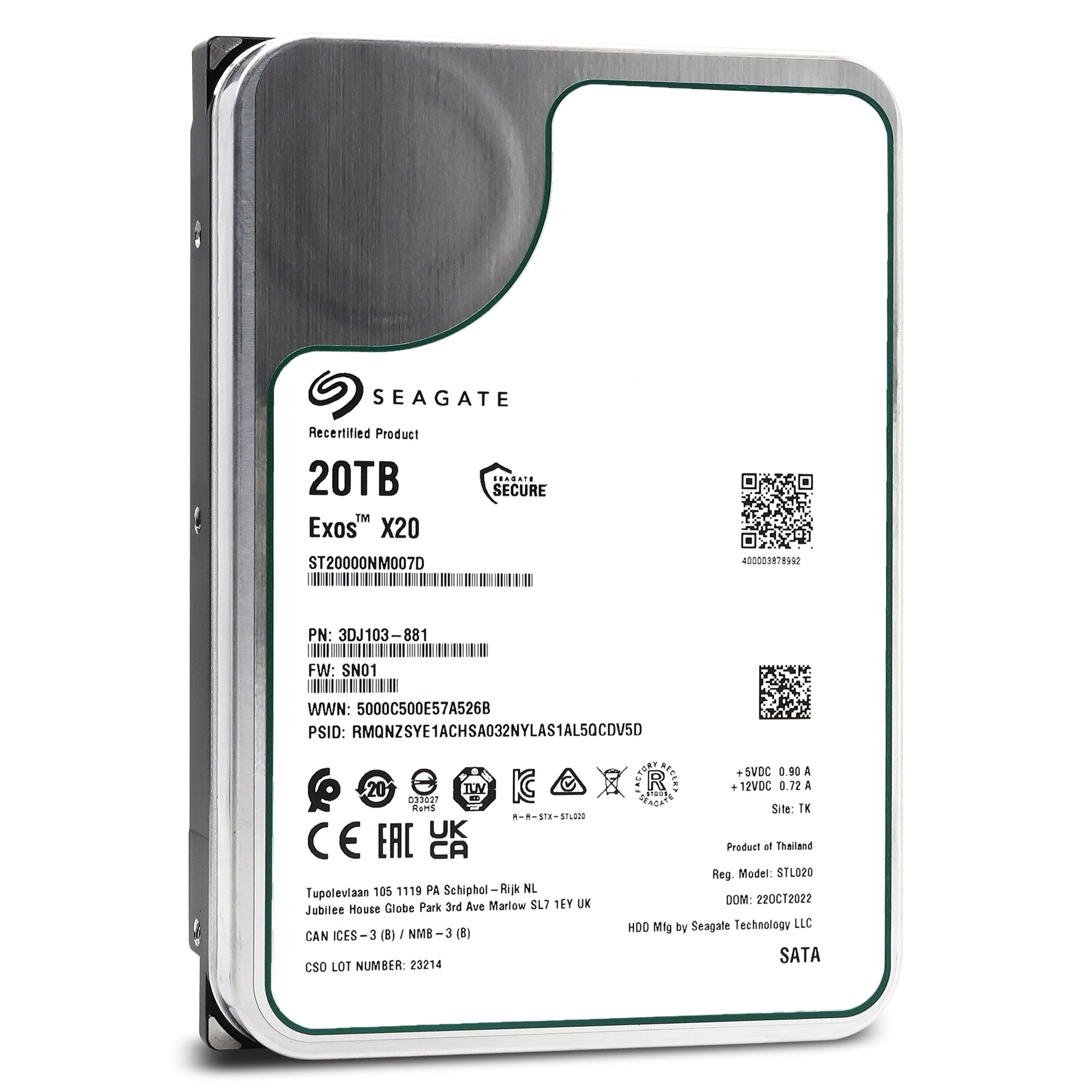 Seagate Exos X20 ST20000NM007D 20TB 7.2K RPM SATA 6Gb/s 3.5in Recertified Hard Drive - Front View