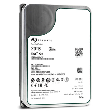 Seagate Exos X20 ST20000NM007D 20TB 7.2K RPM SATA 6Gb/s 3.5in Recertified Hard Drive - Front View