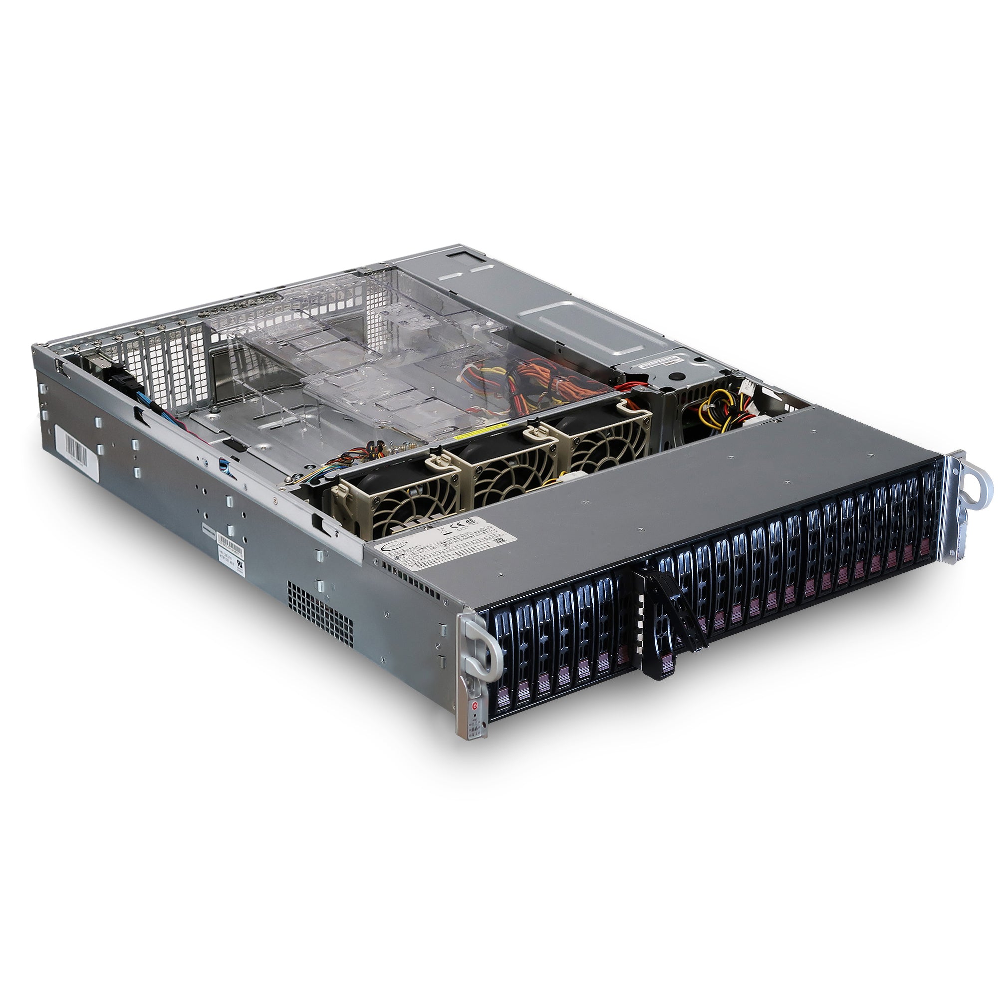 Supermicro SuperChassis 216BE1C-R741JBOD 2U 24 Bay JBOD SFF SAS 12Gb/s Storage Chassis | 24x 2.5" SAS/SATA Front Loading Expansion Enclosure - Lid Removed