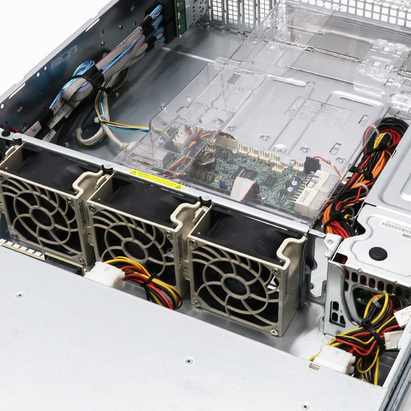 Supermicro SuperChassis 216BE1C-R741JBOD 2U JBOD SFF SAS 12Gb/s Storage Chassis | 24x 2.5" SAS/SATA Front Loading Expansion Enclosure - Close Up of Fans and inside of case