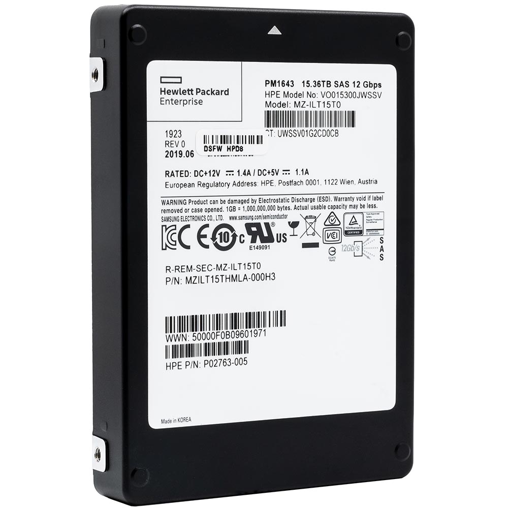 HP PM1643 MZILT15THMLA MZ-ILT15T0 15.36TB SAS 12Gb/s 3D TLC 2.5in Solid State Drive