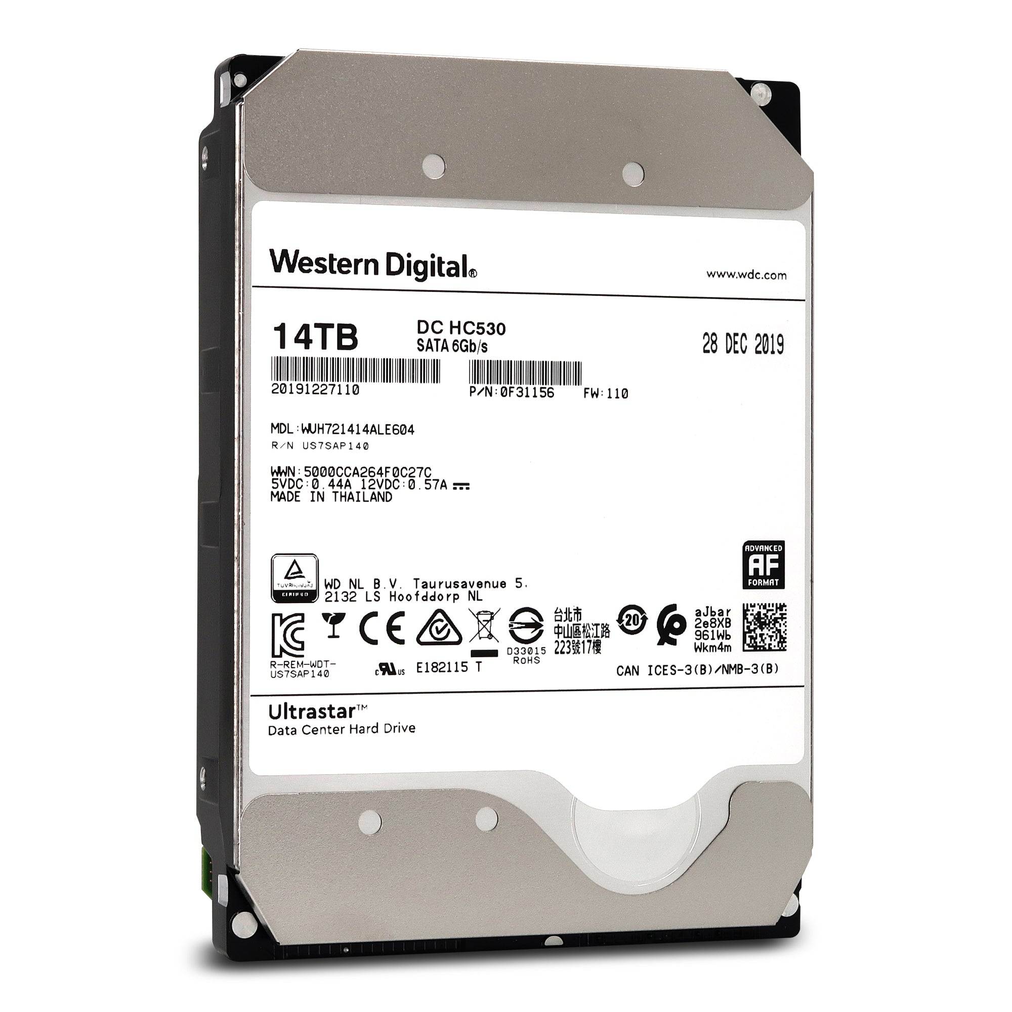 Western Digital Ultrastar DC HC530 WUH721414ALE604 0F31156 14TB 7.2K RPM SATA 6Gb/s 512e SE Power Disable Pin 3.5in Refurbished HDD Front View