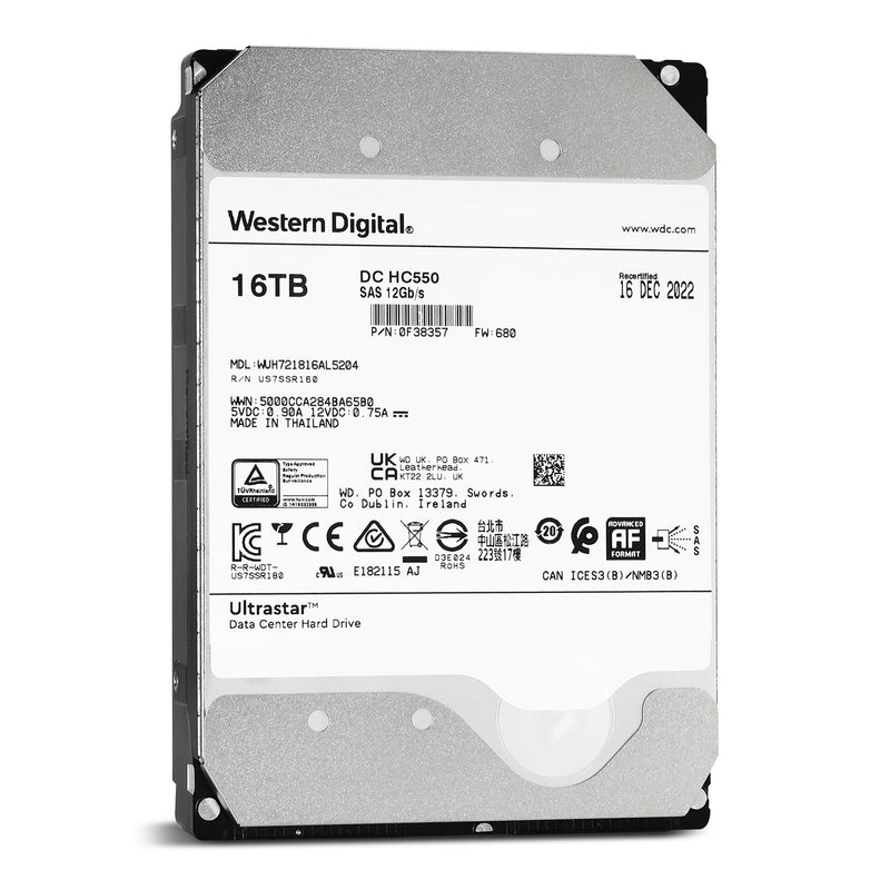 Western Digital Ultrastar DC HC550 WUH721816AL5204 0F38357 16TB 7.2K RPM SAS 12Gb/s 512e 3.5in Recertified Hard Drive Front View