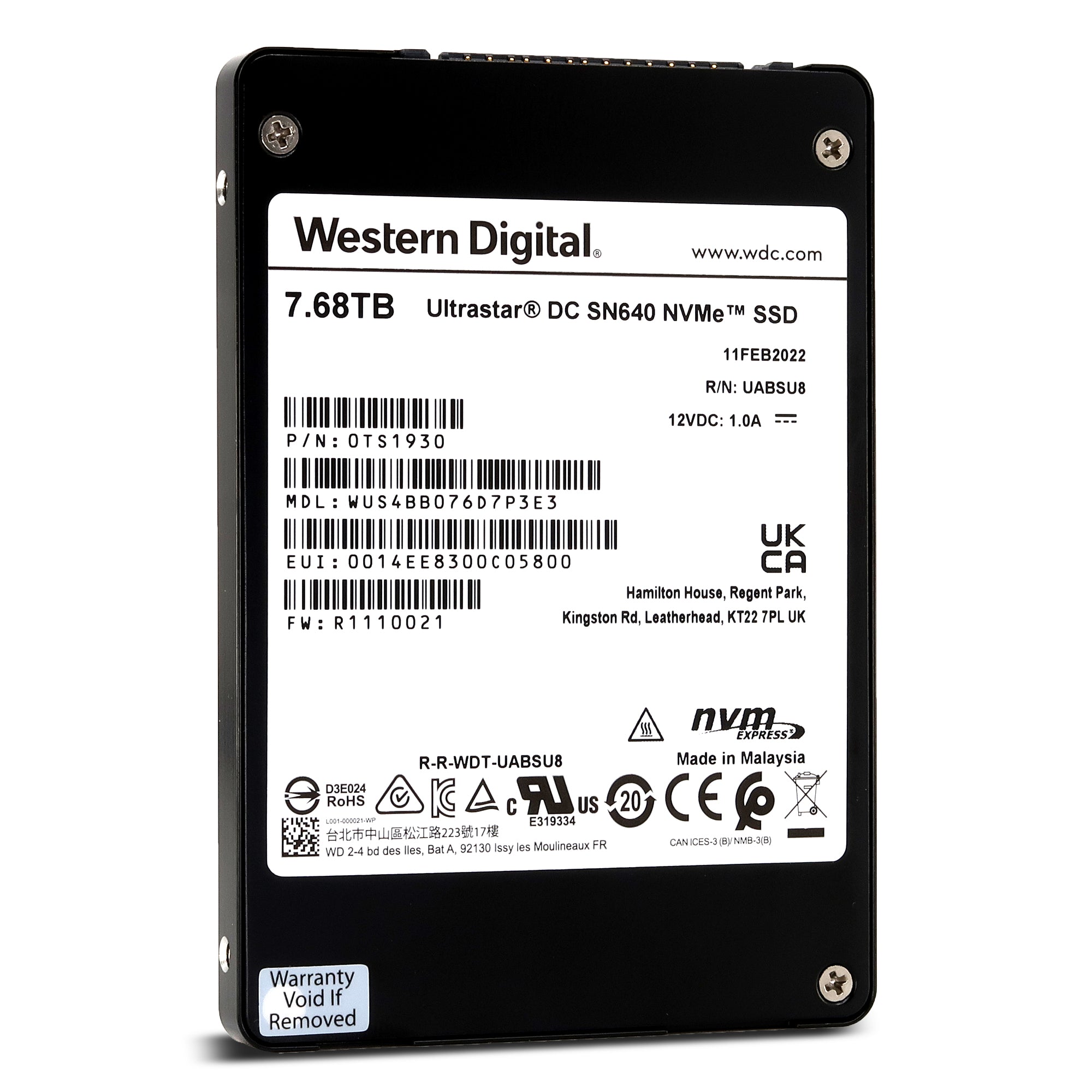 Western Digital Ultrastar DC SN640 WUS4BB076D7P3E3 0TS1930 7.68TB PCIe Gen3.1 x4 4GB/s U.2 NVMe 3D TLC 2.5in Solid State Drive Front View