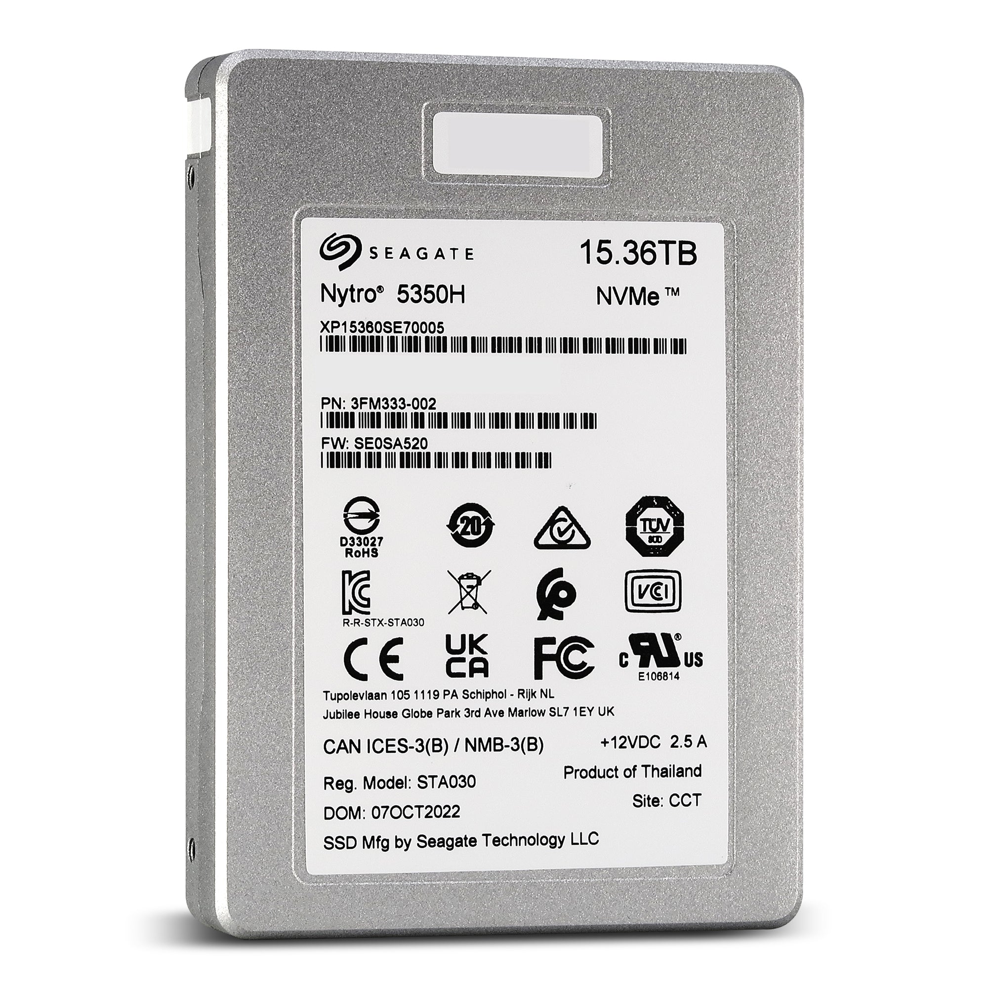 Seagate Nytro 5350H XP15360SE70005 3FM333-002 15.36TB PCIe Gen 4.0 x4 8GB/s 3D eTLC U.2 NVMe 2.5in Solid State Drive - Front View