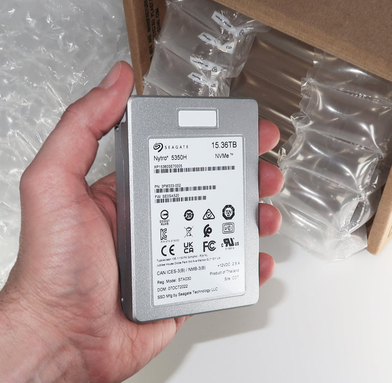 Seagate Nytro 5350H XP15360SE70005 3FM333-002 15.36TB PCIe Gen 4.0 x4 8GB/s 3D eTLC U.2 NVMe 2.5in Solid State Drive - Handheld View