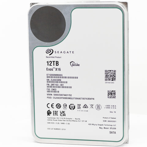 Seagate Exos X16 ST12000NM000G 12TB 7.2K RPM SATA 6Gb/s 3.5in Recertified Hard Drive