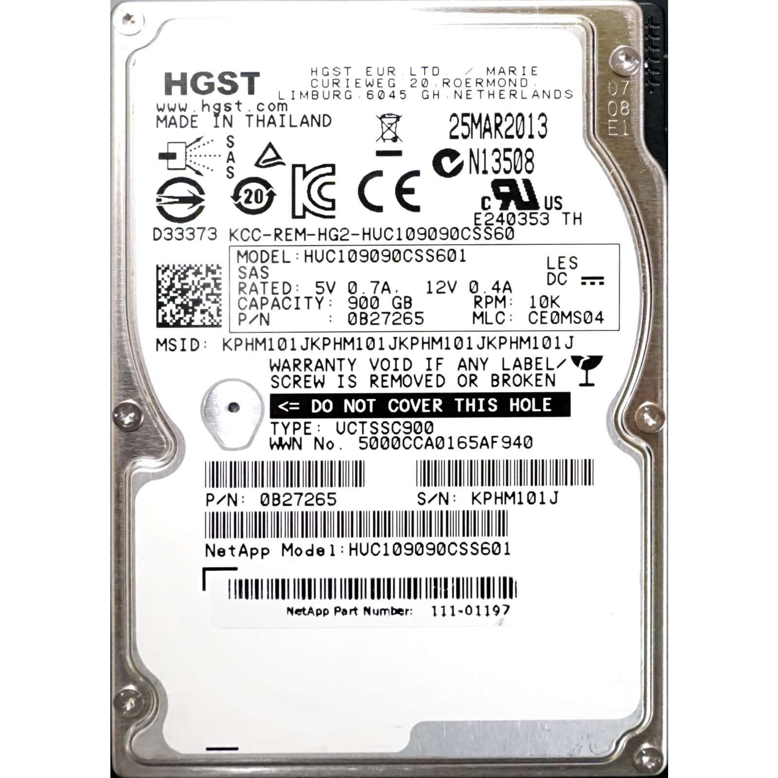 HGST Ultrastar C10K900 HUC109090CSS601 0B27257 900GB 10K RPM SAS-6Gb/s 2.5" 64MB TCG Manufacturer Recertified HDD