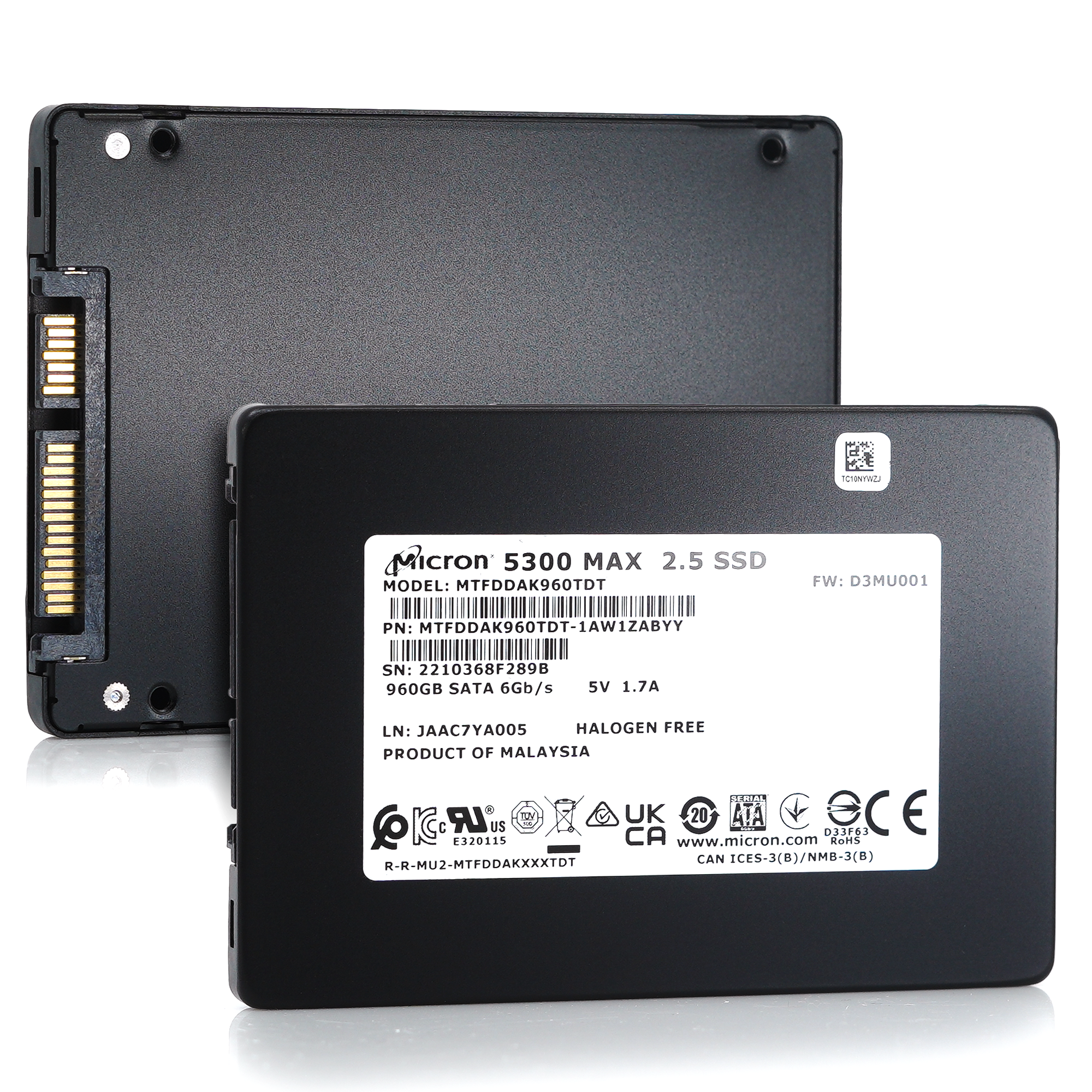 Micron 5300 MAX MTFDDAK960TDT 1AW1ZABYY 960GB SATA 6Gb/s 3D TLC 5DWPD 2.5in Recertified Solid State Drive