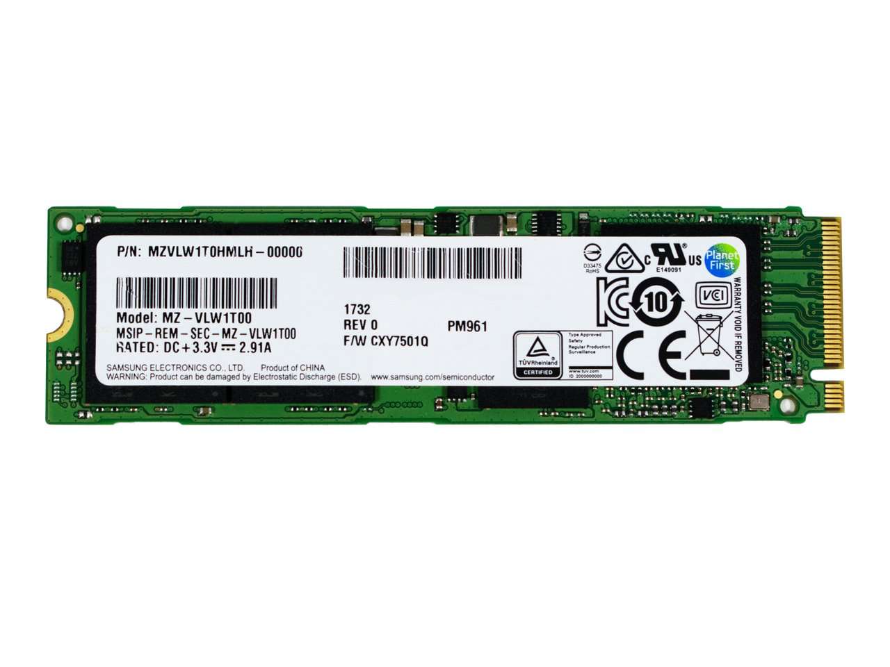 Samsung PM961 MZVLW1T0HMLH 1TB PCIe Gen3 x4-4GB/s M.2 SSD