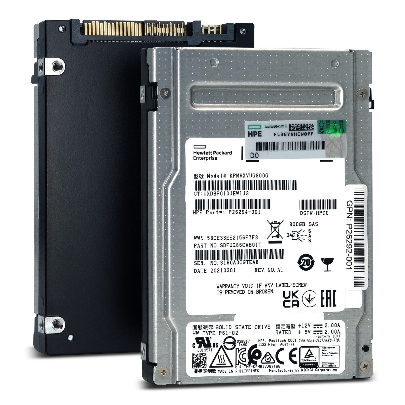 HPE PM6-V KPM6XVUG800G P26294-001 800GB SAS 22.5Gb/s 2.5in Recertified Solid State Drive
