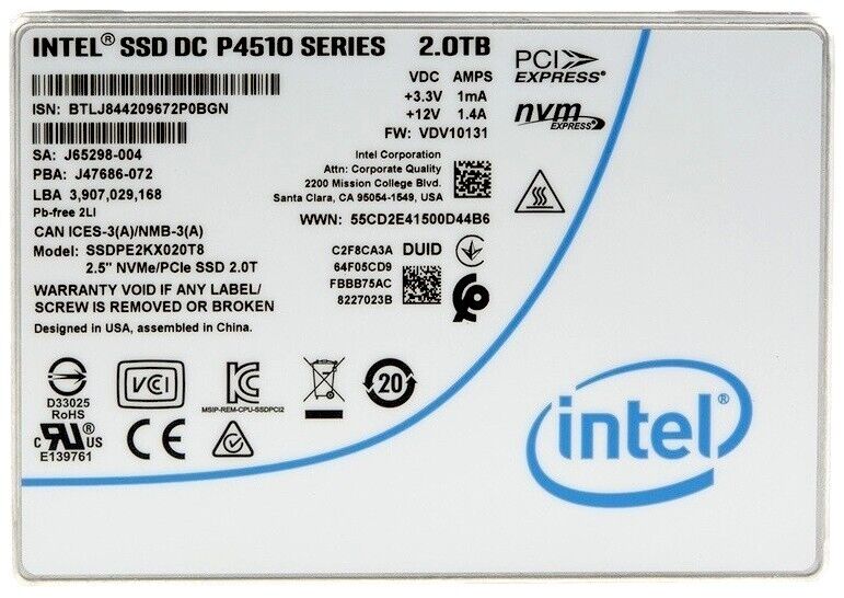 Intel P4510 SSDPE2KX020T801 2TB PCIe Gen 3.0 x4 4GB/s U.2 NVMe 2.5in Refurbished SSD
