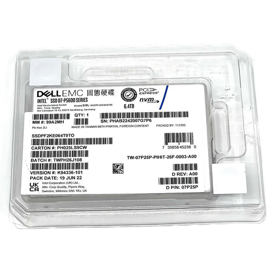 Dell D7-P5600 SSDPF2KE064T9 07P25P 6.4TB PCIe Gen 4.0 X4 8GB/s 3D TLC 3DWPD U.2 NVMe 2.5in Recertified Solid State Drive