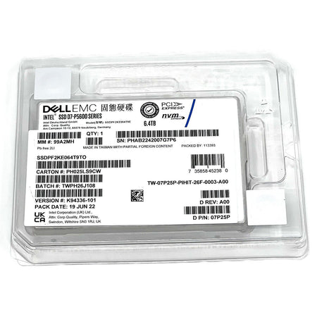 Dell D7-P5600 SSDPF2KE064T9 07P25P 6.4TB PCIe Gen 4.0 X4 8GB/s 3D TLC 3DWPD U.2 NVMe 2.5in Recertified Solid State Drive