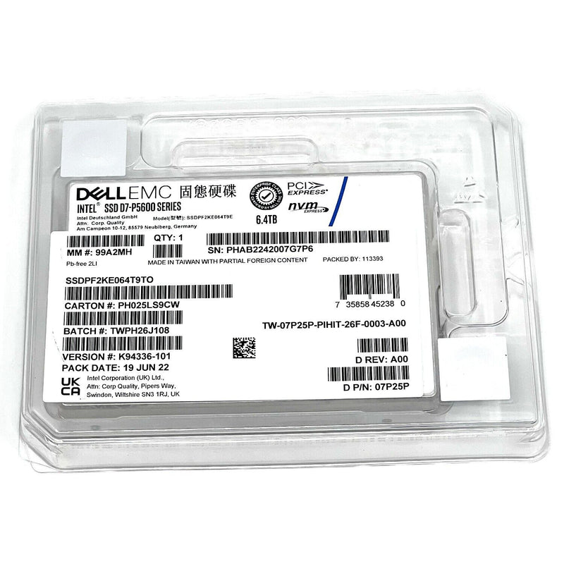 Dell D7-P5600 SSDPF2KE064T9 07P25P 6.4TB PCIe Gen 4.0 X4 8GB/s 3D TLC 3DWPD U.2 NVMe 2.5in Recertified Solid State Drive