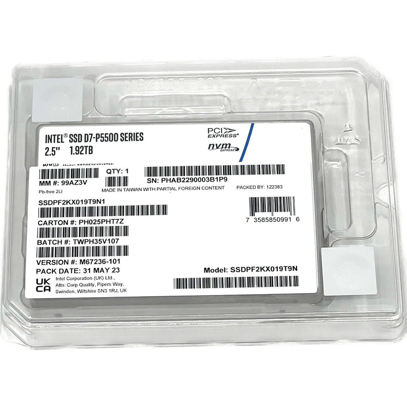 Intel P5500 SSDPF2KX019T9N1 M67236-101 1.92TB PCIe Gen 4.0 x4 8GB/s 3D TLC 1DWPD U.2 NVMe 2.5in Solid State Drive