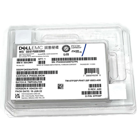Dell D7-P5600 SSDPF2KE064T9 07P25P 6.4TB PCIe Gen 4.0 X4 8GB/s 3D TLC 3DWPD U.2 NVMe 2.5in Solid State Drive