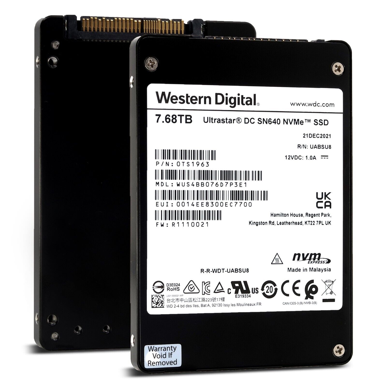 Western Digital Ultrastar DC SN640 WUS4BB076D7P3E1 0TS1963 7.68TB PCIe Gen 3.1 x4 4GB/s 3D TLC U.2 NVMe 2.5in Recertified Solid State Drive