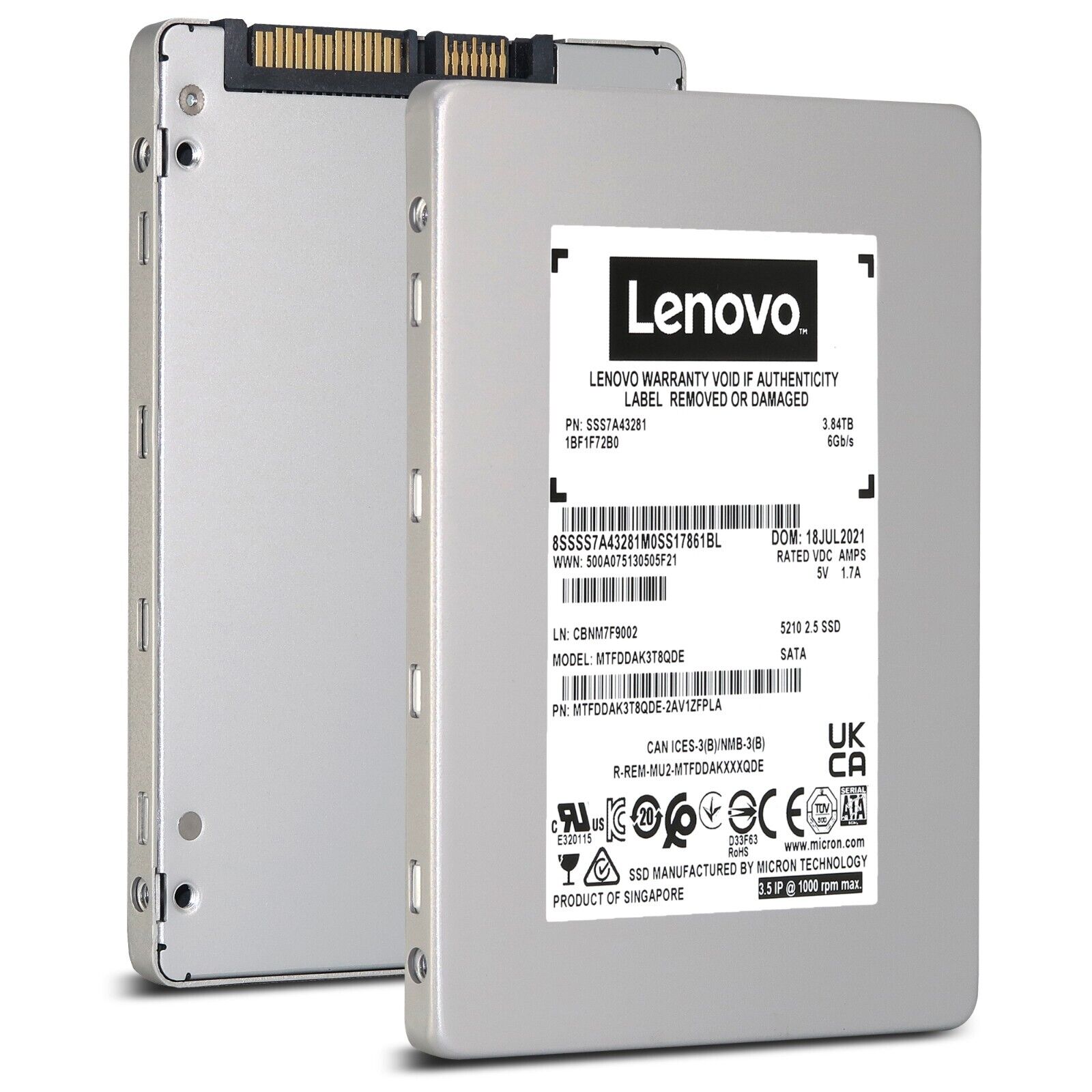 Lenovo 5210 ION MTFDDAK3T8QDE 3.84TB SATA 6Gb/s 2.5in Recertified Solid State Drive